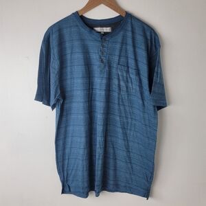 PD&C Men's Knit Short Sleeve Shirt Button 2XL V-Neck Blue Striped Front Pocket